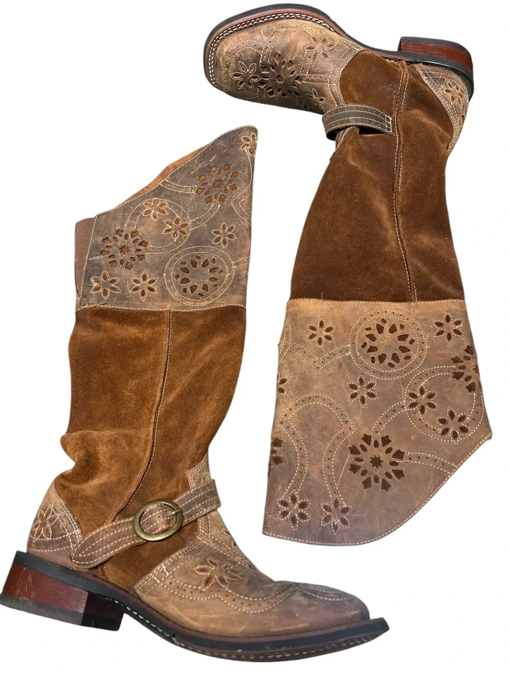 Laredo Caught you lookin brown leather and suede floral square toe riding boots